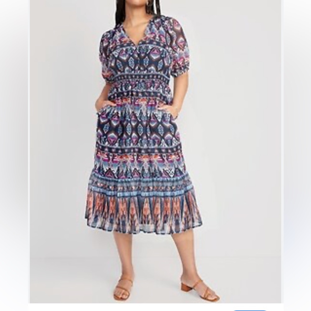 Old Navy Midi Dress Blue Stretch Waist Defined Boho Western Pockets Large Tall